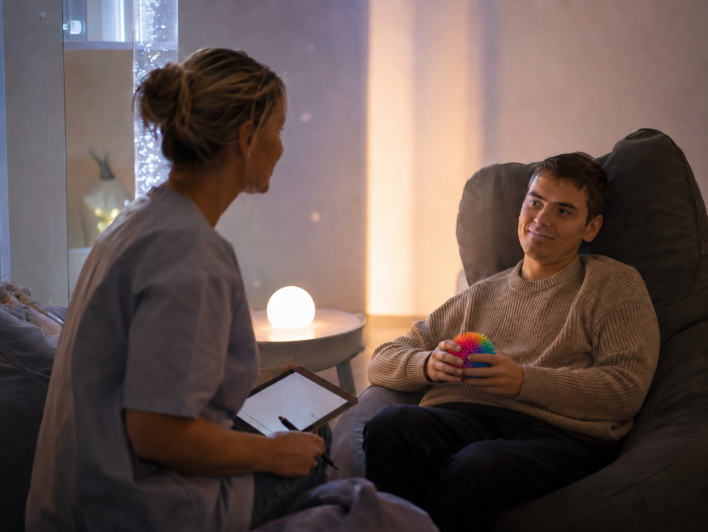 Professionnel évaluant les effets d’un accompagnement multisensoriel en établissement médico-social