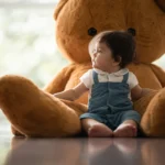 bébé à coter d'une peluche ours