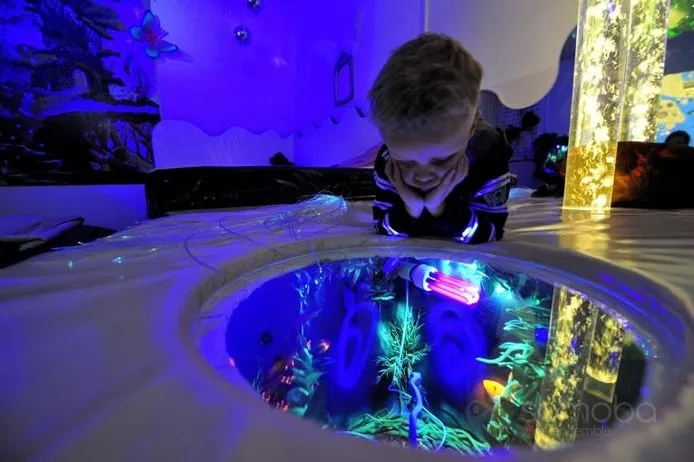 petit garçon, observer, tapis, aquarium