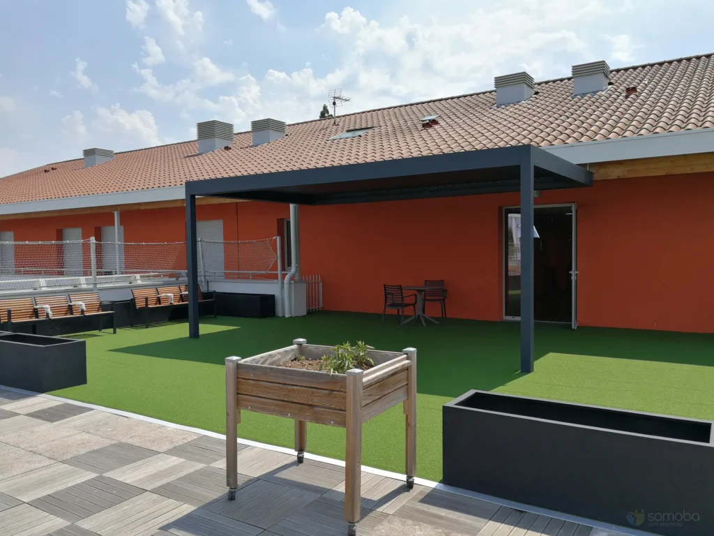terrasse, bancs, extérieur, plantes