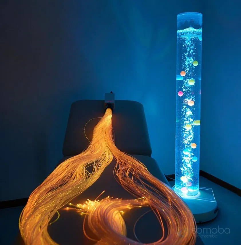 fibre optique, colonne à bulles, fauteuil 