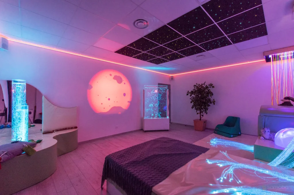 salle sensorielle, lit à eau, cascade de fibre optique, colonne à bulles, mur d'eau, ciel étoilée coloré, projection