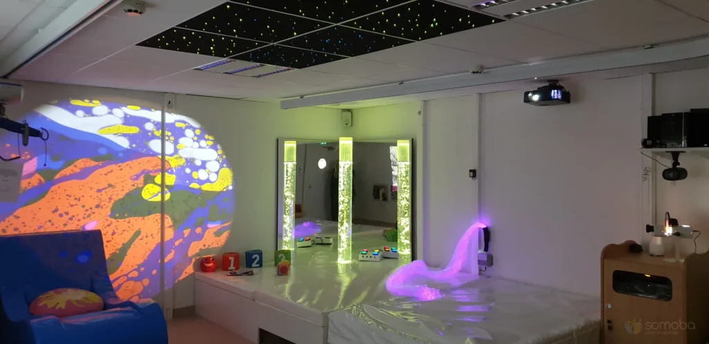 salle sensorielle, colonne à bulles, fibre optique, projection murale, ciel étoilée, fauteuil, matériel sensoriel
