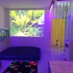 salle sensorielle, fibre optique, tapis, pouf, projection, aquarium, lit à eau