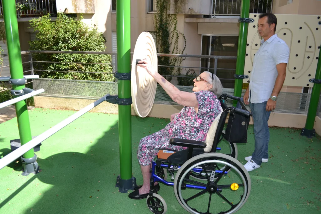 personne âgée, agrès, fauteuil roulant, accompagnant
