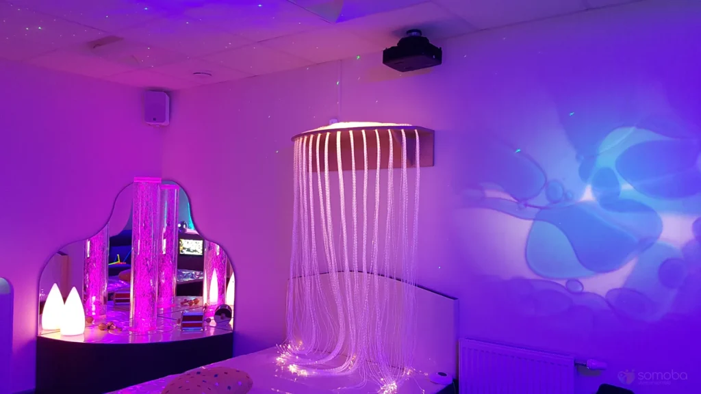 salle sensorielle, cascade de fibre optique, projection murale, colonne à bulles, lit à eau, ciel étoilée, matériel multisensoriel
 