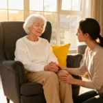 femme âgée assise , accompagnante, apaisée, calme