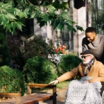 personne âgée en fauteuil roulant, accompagnant, extérieur, arbres