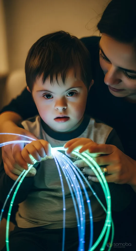 petit garçon, fibre optique, toucher, accompagnante, jeu