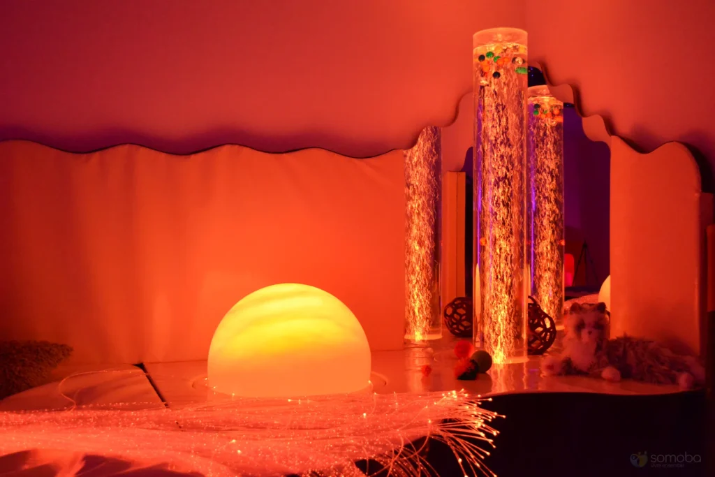 lumière, boule lumineuse, fibre optique, colonne à bulles, matériel sensoriel