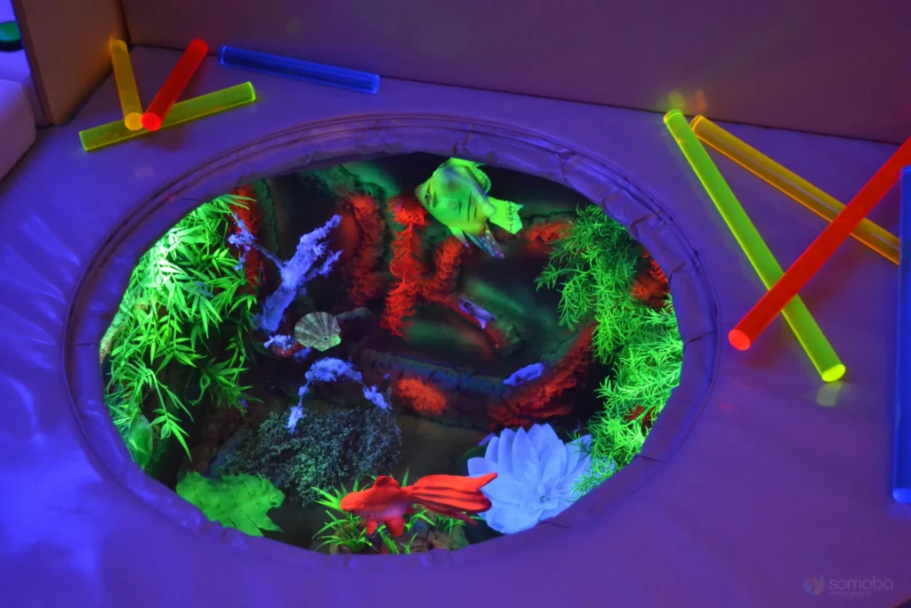 aquarium, tubes lumineux, matériel sensoriel