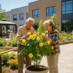 personnes âgées, fleurs, extérieur, jardin, sortie