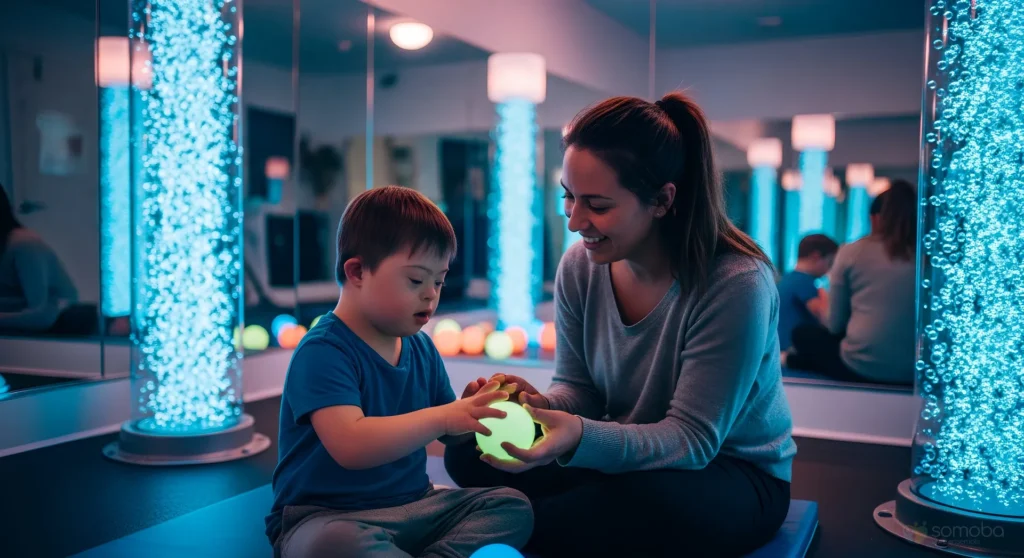petit garçon, enfant, handicap, accompagnante, balle lumineuse, toucher, colonne à bulles, miroir