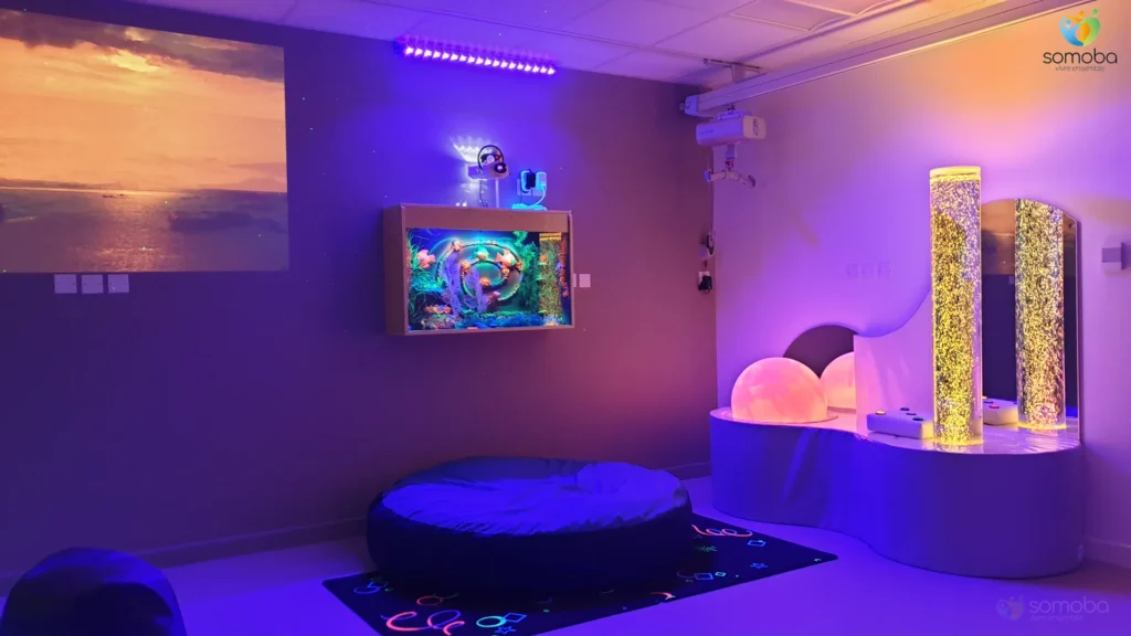 salle sensorielle, pouf, tapis fosfluorescent, aquarium, projection, LED, colonne à bulles, dôme lumineux, matériel multisensoriel